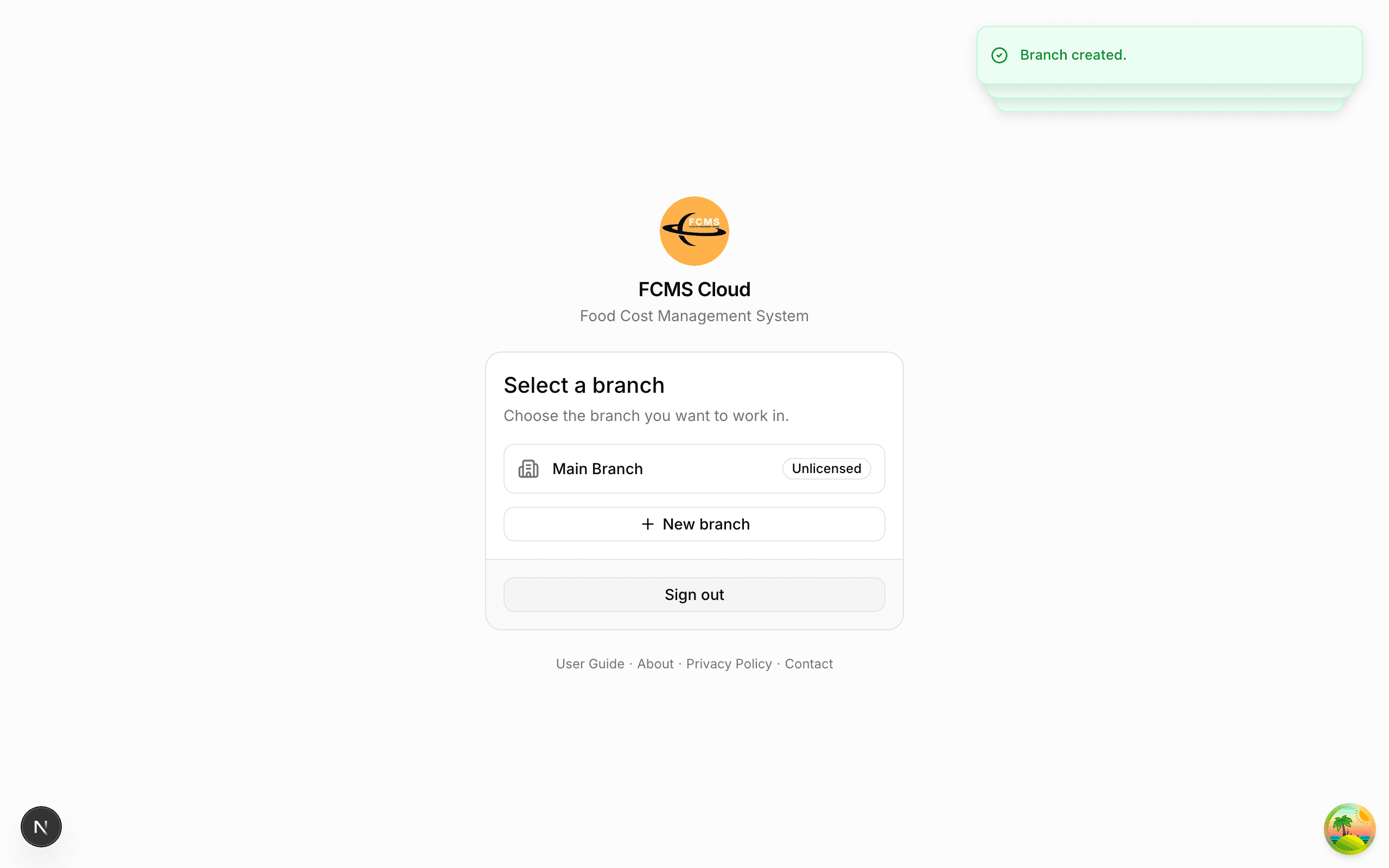 Branch setup screen showing an existing branch and a New branch button.