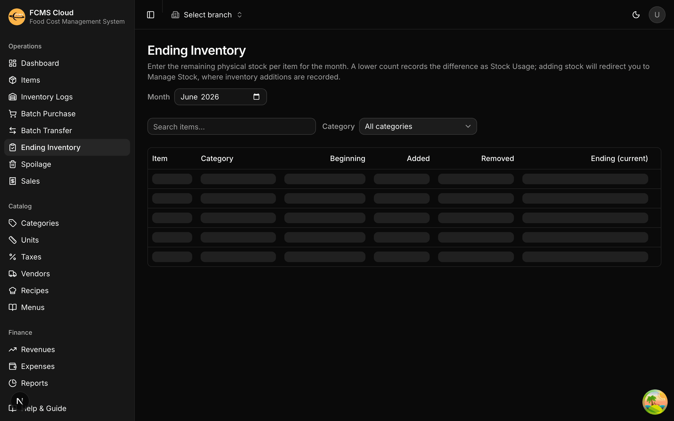 Ending inventory table with expected quantity, counted input, and variance column.
