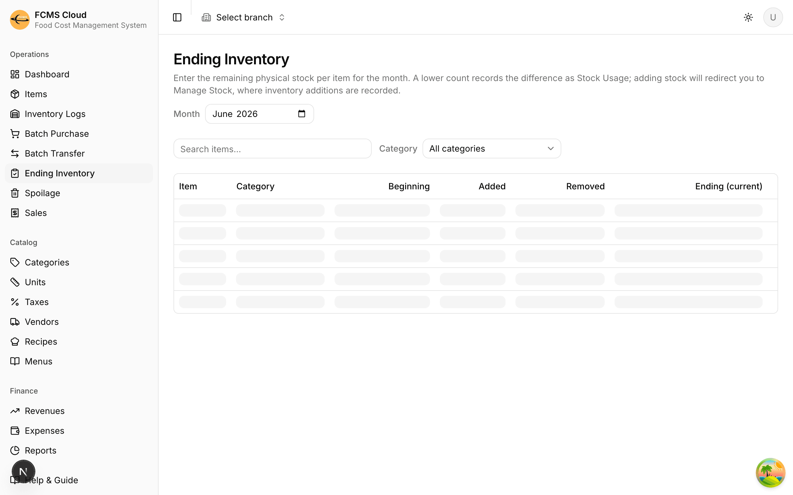 Ending inventory table with expected quantity, counted input, and variance column.