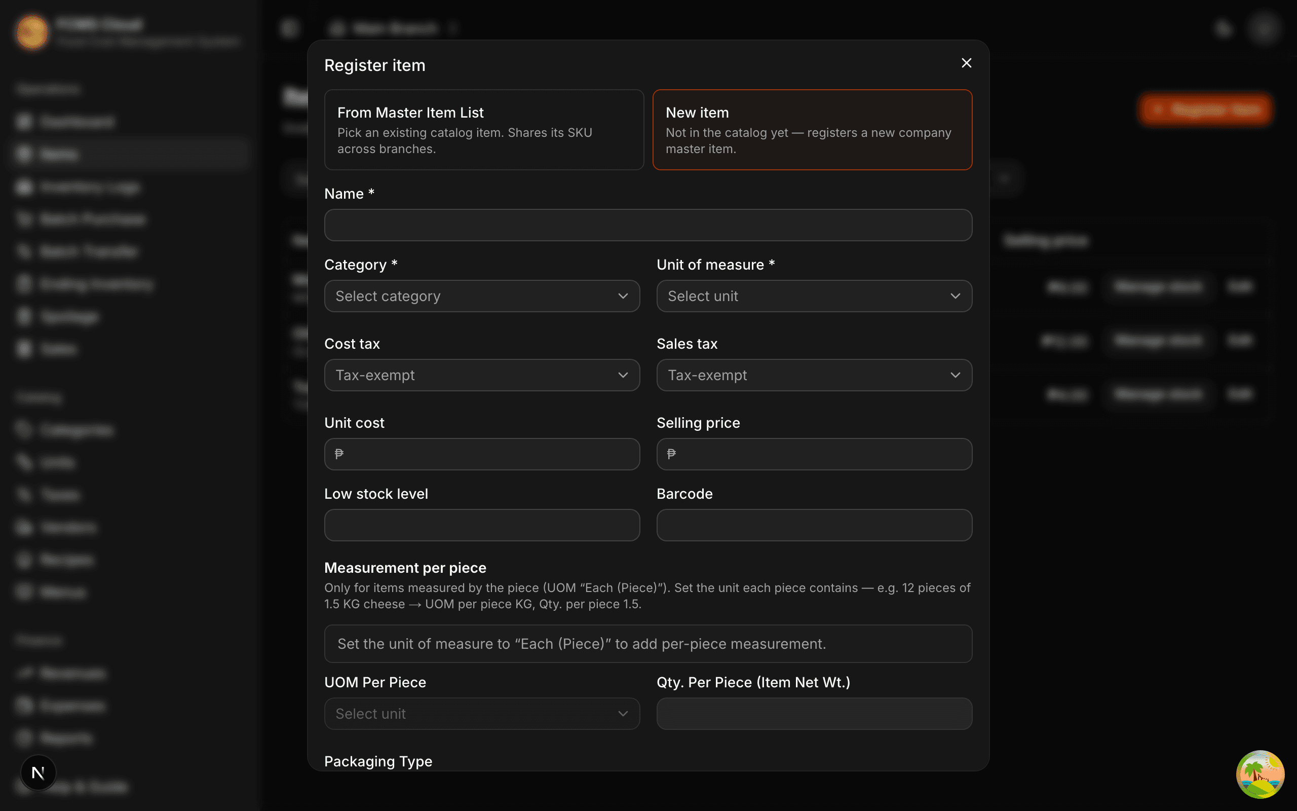 The new-item form with name, category, unit, cost, price, and tax fields.