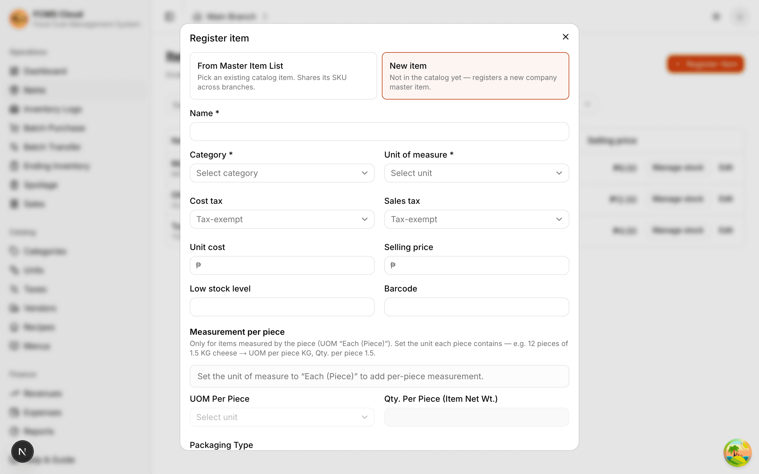 The new-item form with name, category, unit, cost, price, and tax fields.