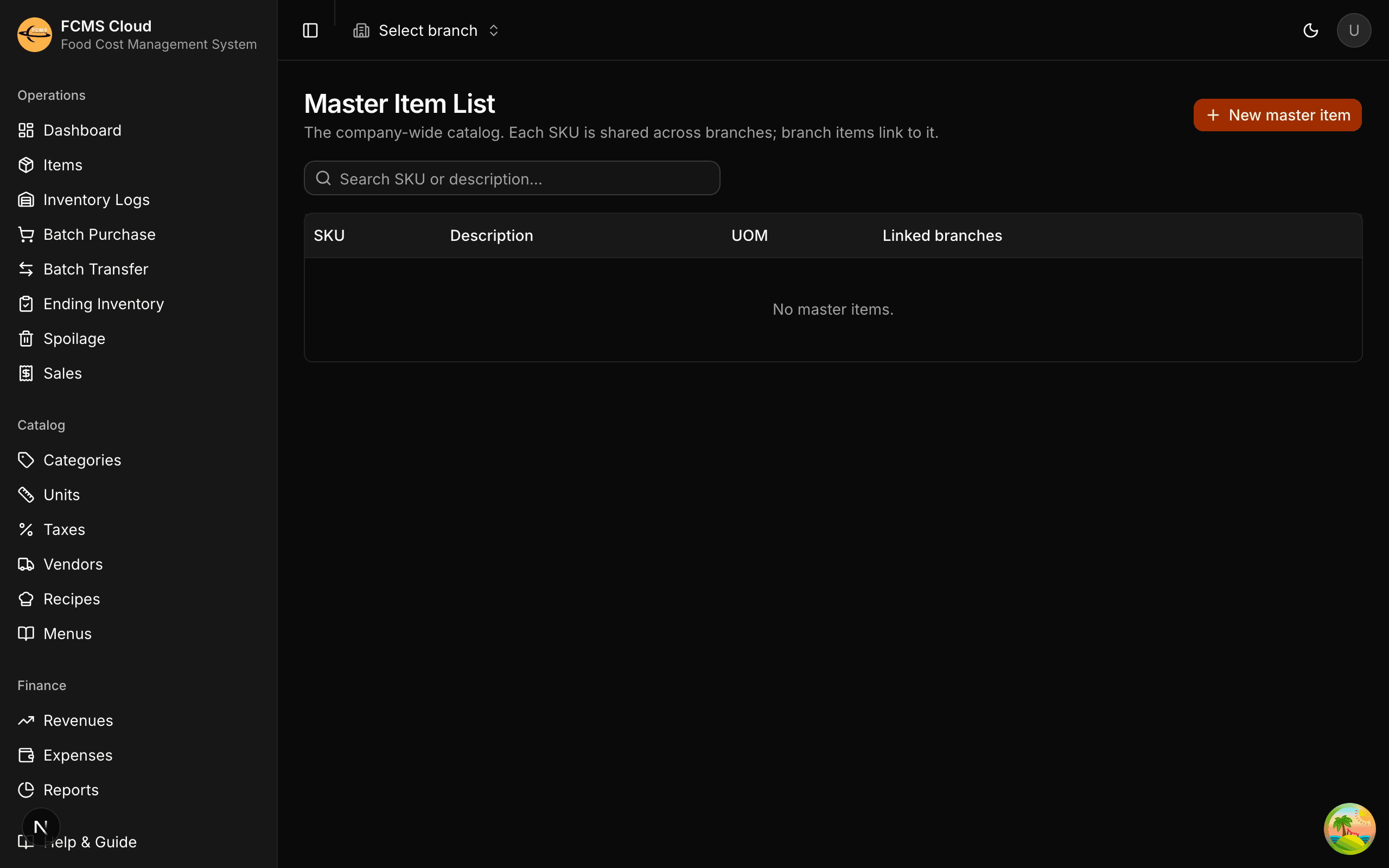 The Master Items screen showing a company-wide item with its packaging and the branches linked to it.