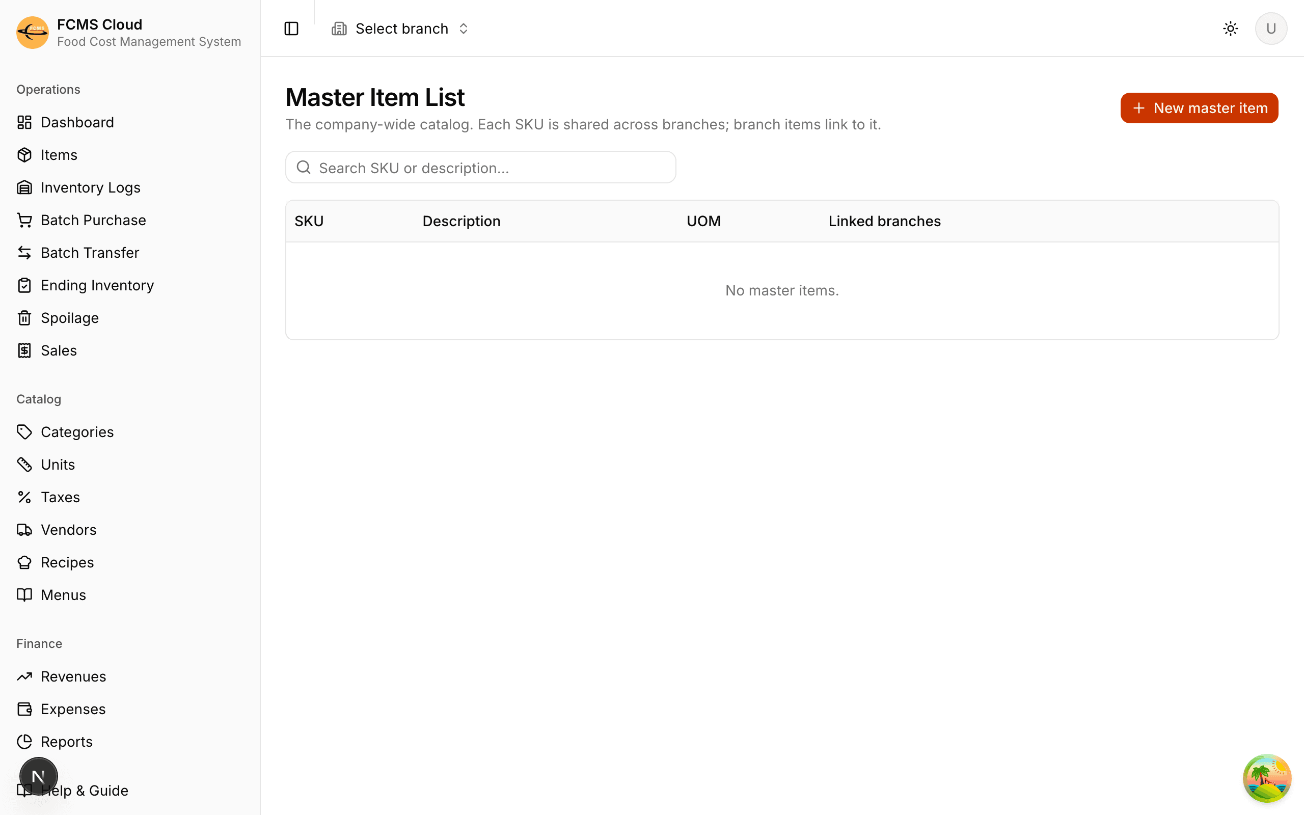 The Master Items screen showing a company-wide item with its packaging and the branches linked to it.