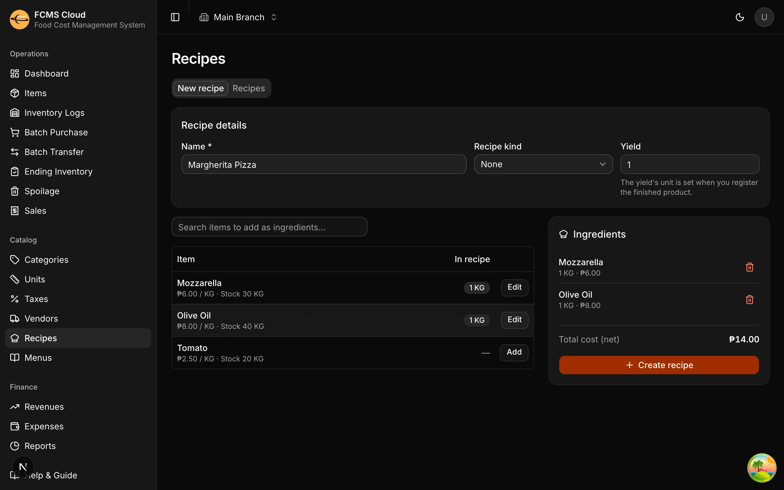 Recipe builder with an ingredients cart and a running total cost.
