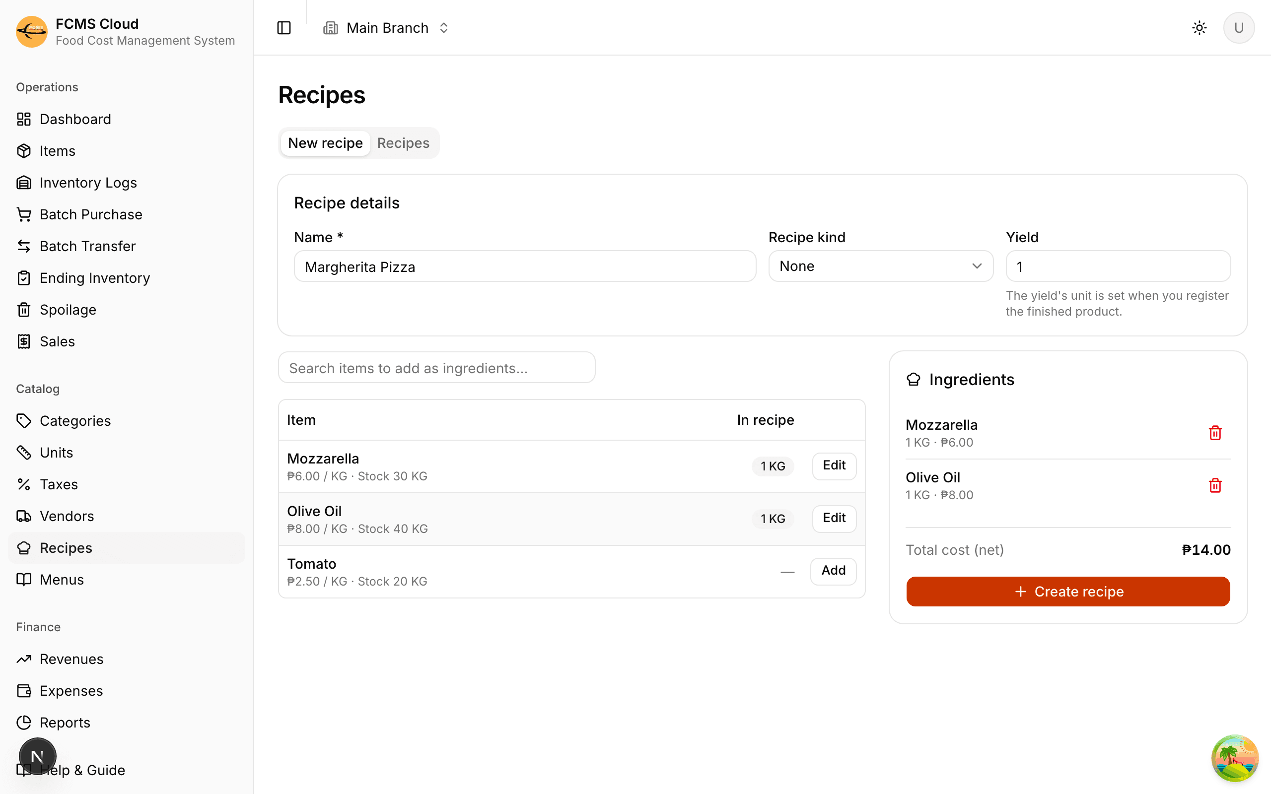 Recipe builder with an ingredients cart and a running total cost.