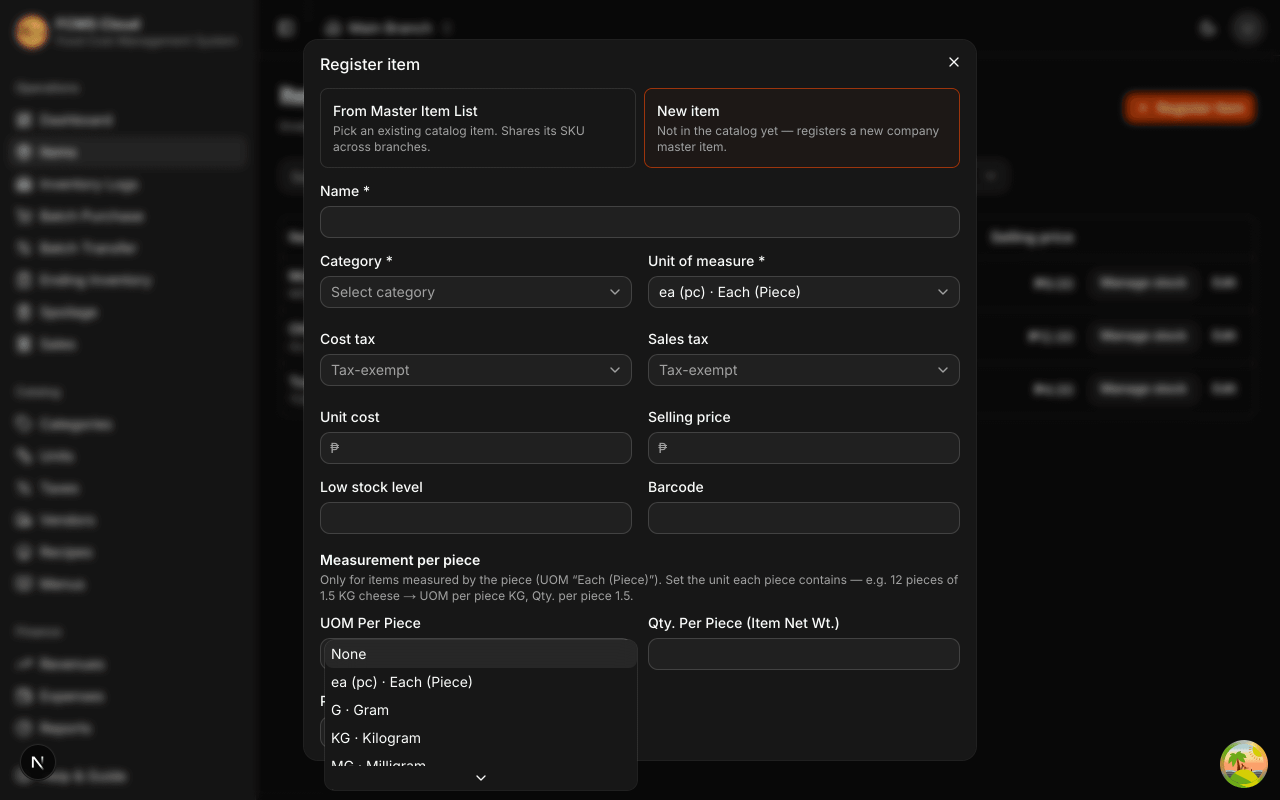 The Register Item form's Measurement-per-piece panel, active for an item with UOM 'Each (Piece)', with the UOM-per-piece unit dropdown open.