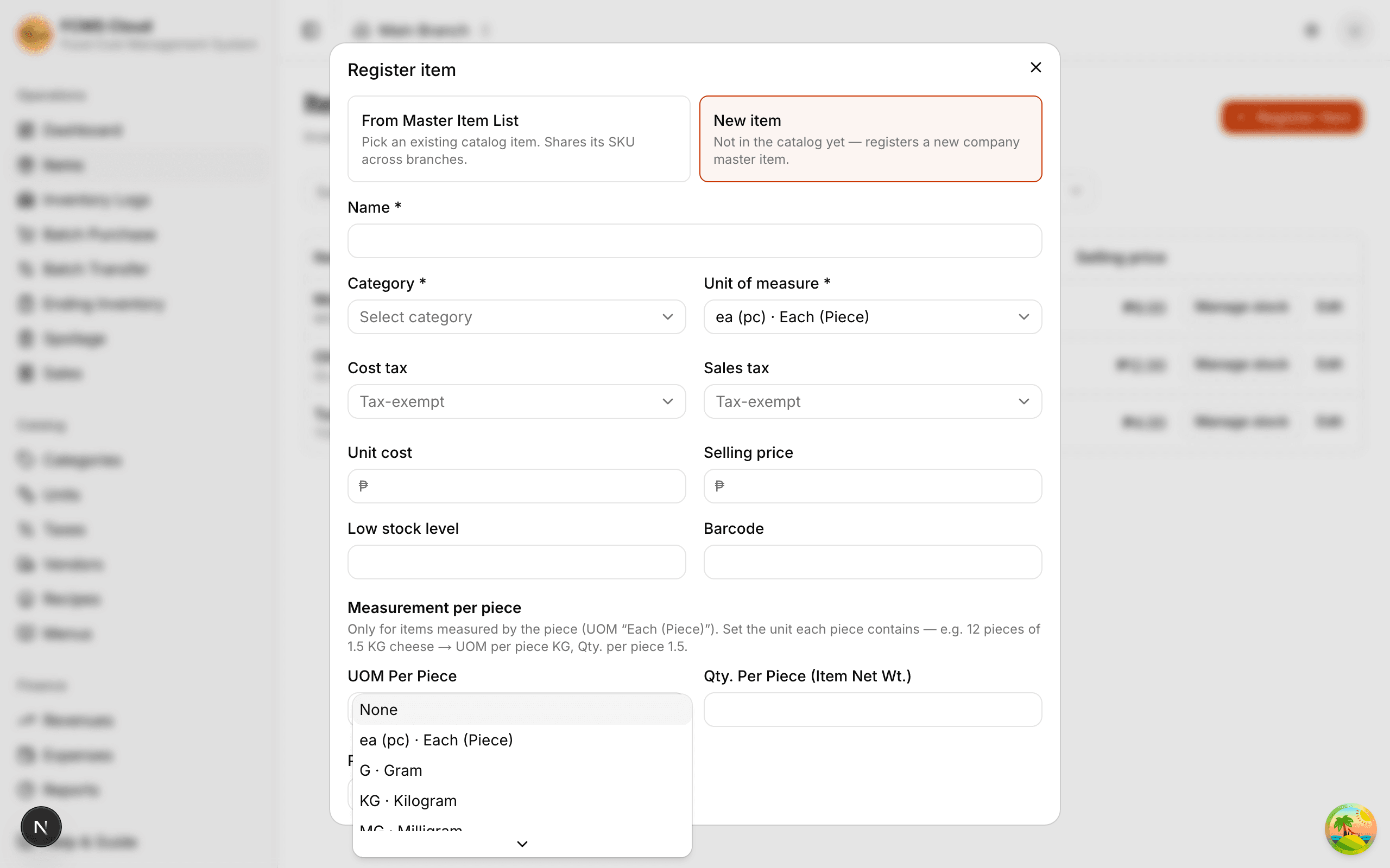 The Register Item form's Measurement-per-piece panel, active for an item with UOM 'Each (Piece)', with the UOM-per-piece unit dropdown open.