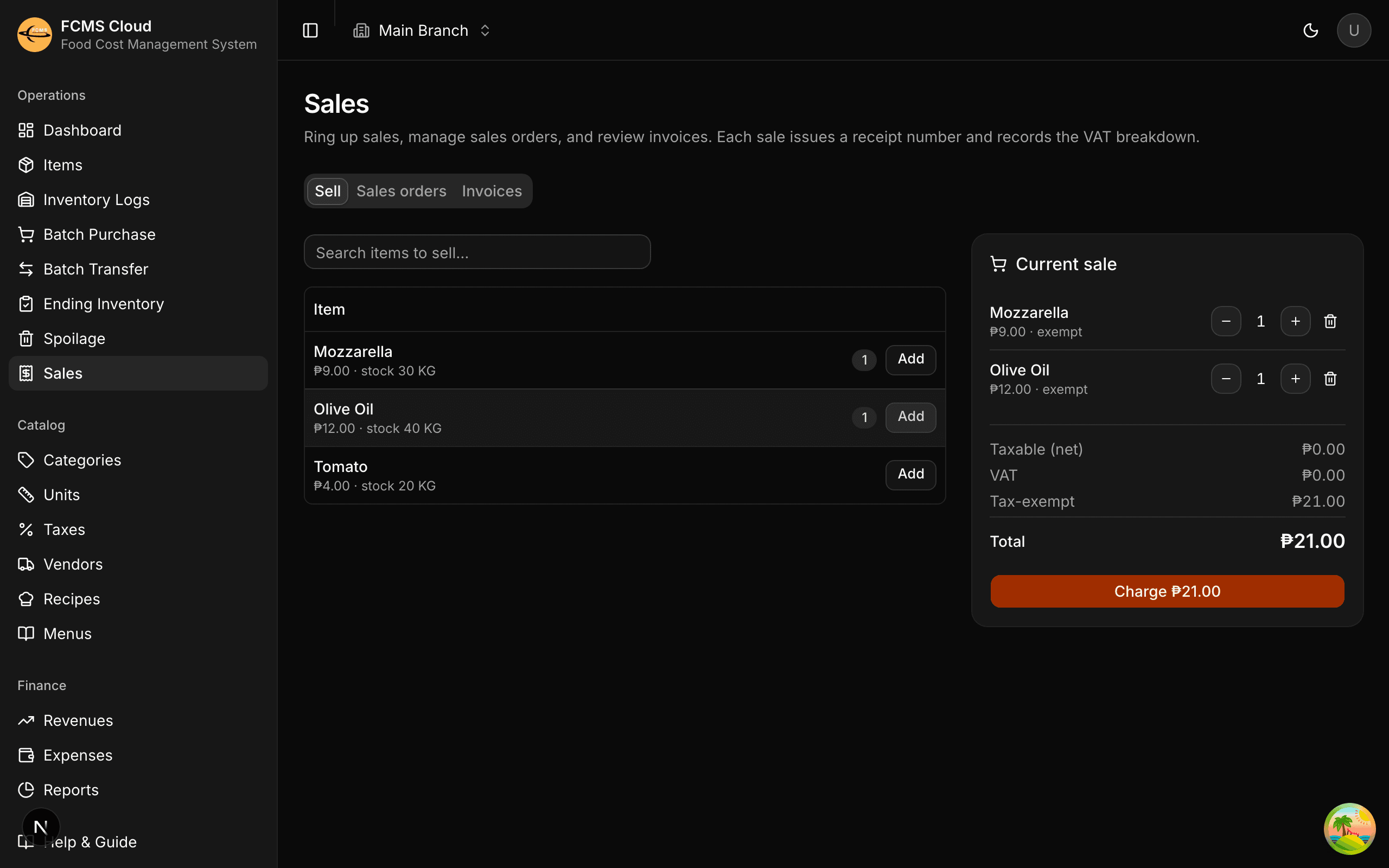 Sales counter with a list of items, quantities, and a totals panel showing subtotal, tax, and grand total.