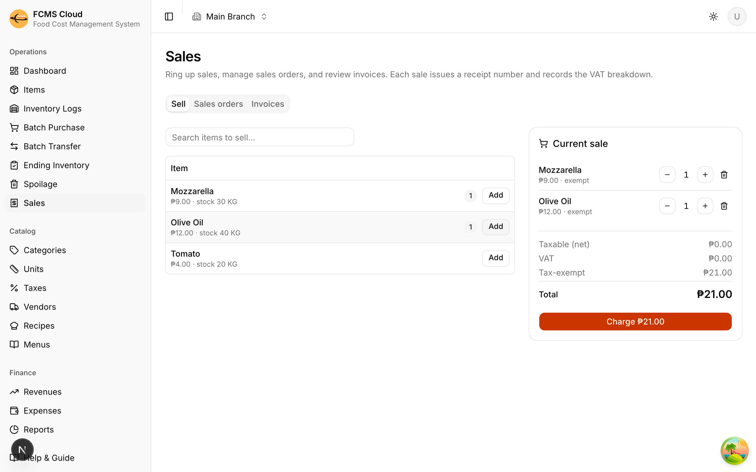 Sales counter with a list of items, quantities, and a totals panel showing subtotal, tax, and grand total.
