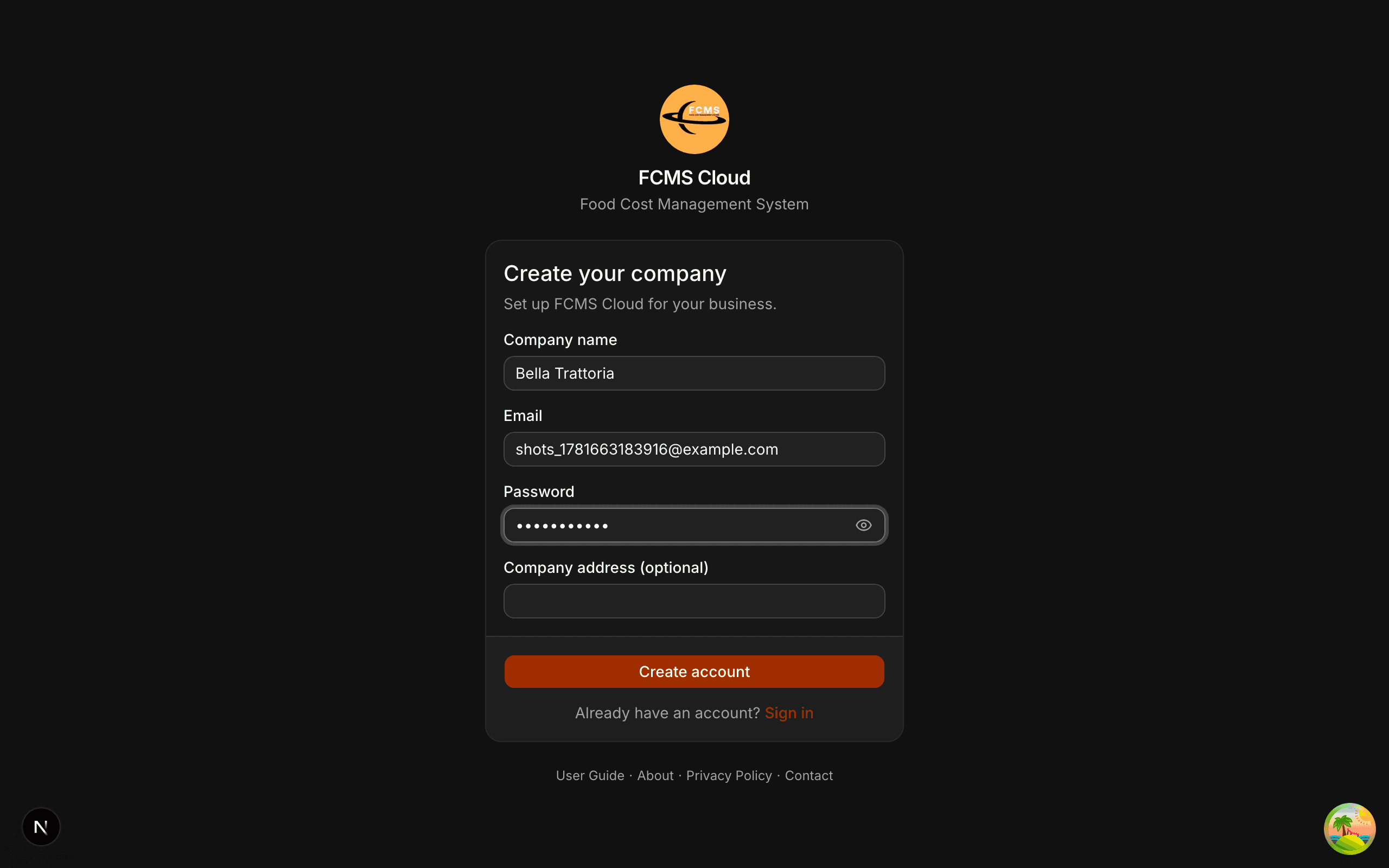 The sign-up form: company name, email, password, and company address fields.