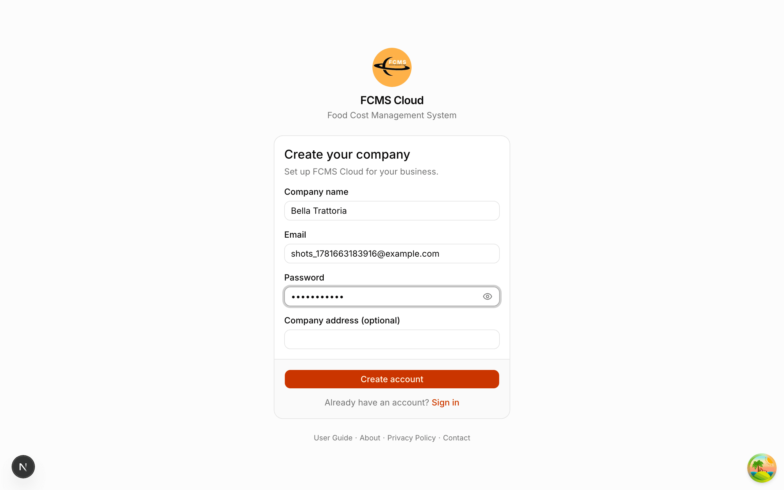 The sign-up form: company name, email, password, and company address fields.