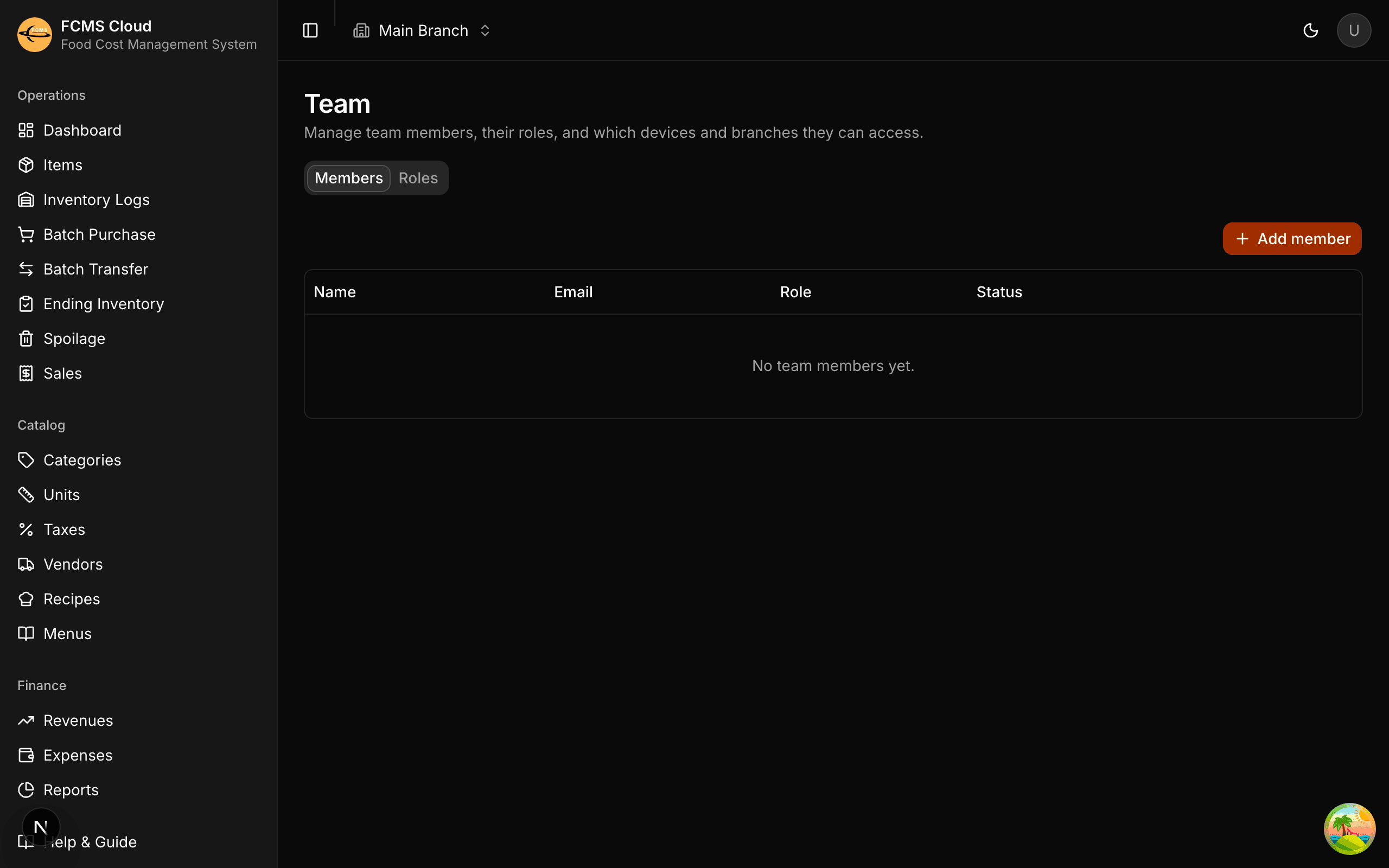 Team page with a Members tab listing people and their roles, and an invite button.