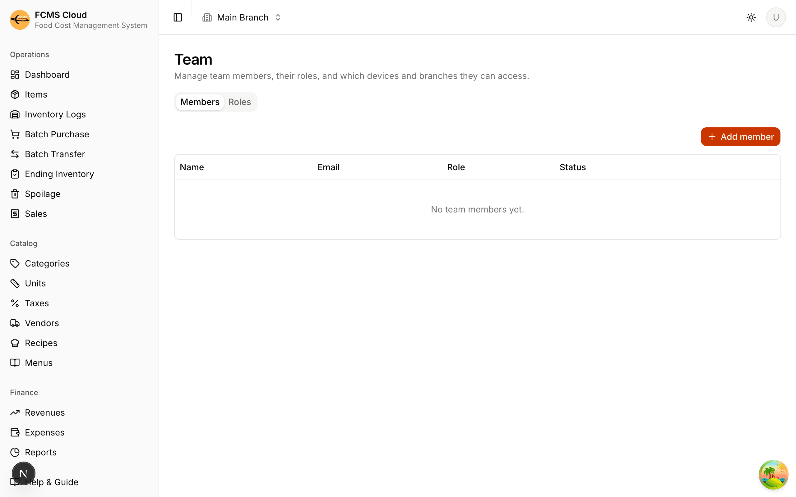 Team page with a Members tab listing people and their roles, and an invite button.