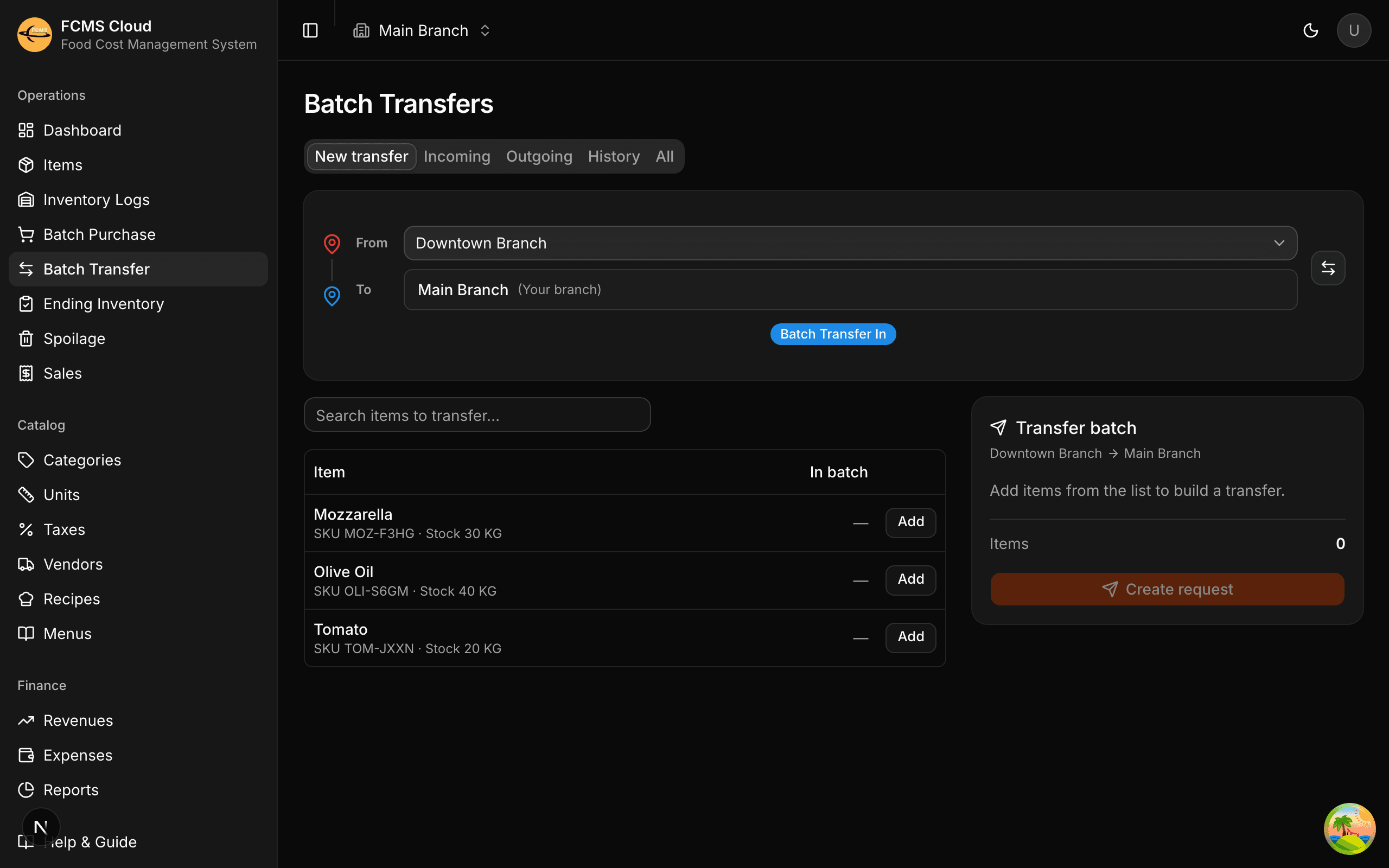 Transfer request builder showing origin and destination branches with a list of items and quantities.