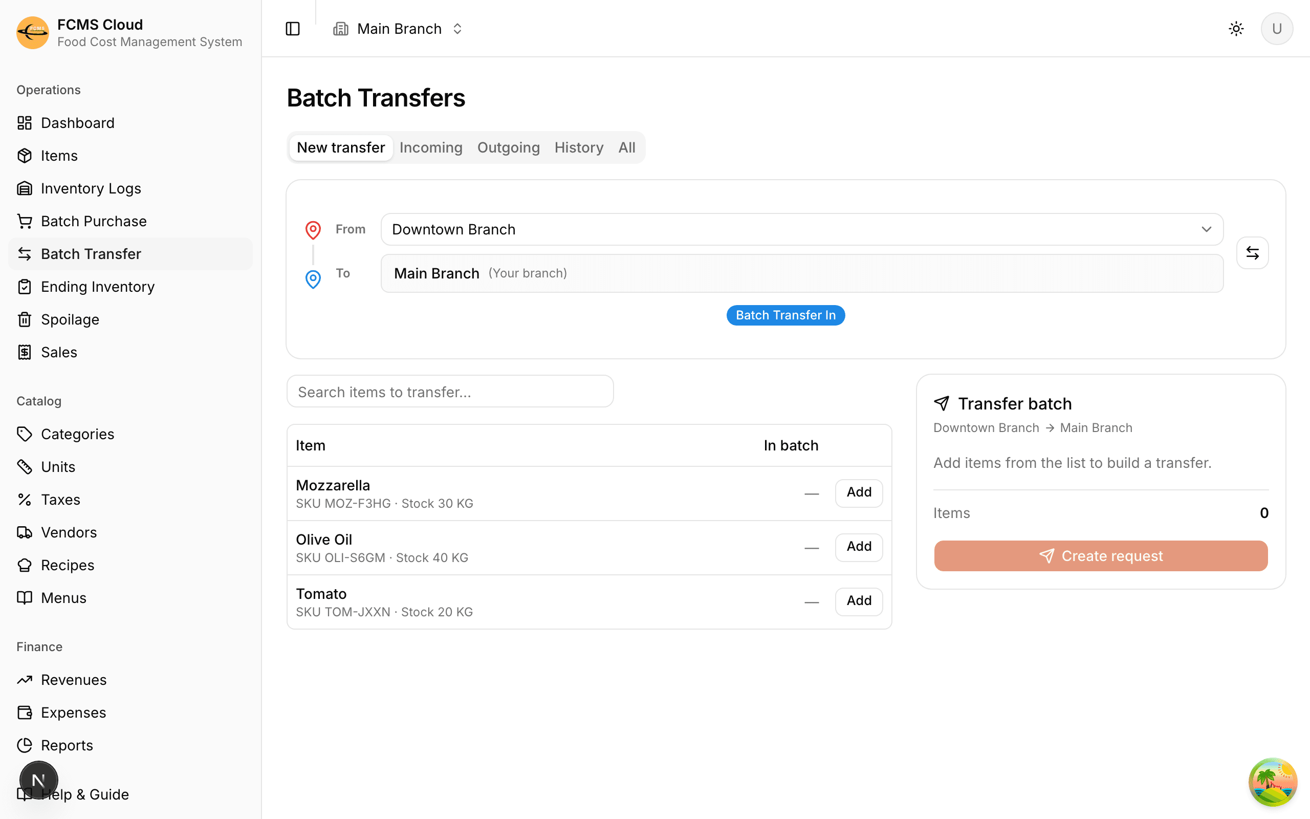 Transfer request builder showing origin and destination branches with a list of items and quantities.